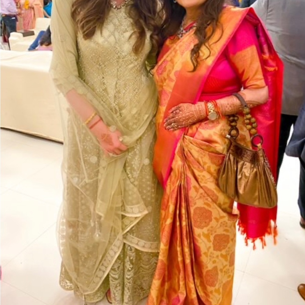 Roop Sari Gold Gown + Duppata with hand beading and can can skirt